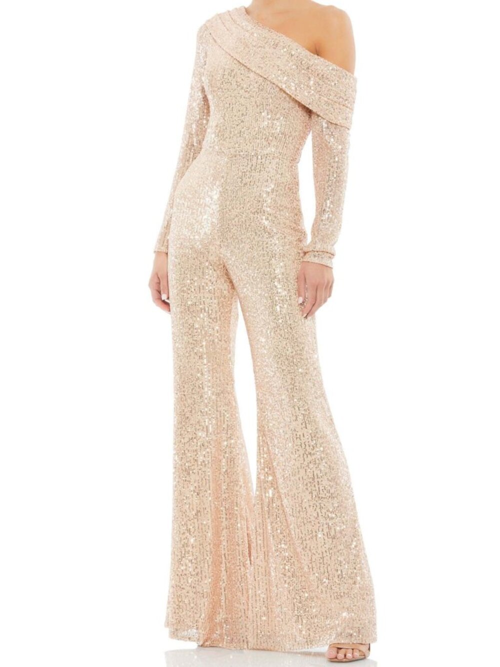 Mac Duggal Ieena NEW Sequin One-Shoulder Long-Sleeve Nude/Silver Jumpsuit sz 10